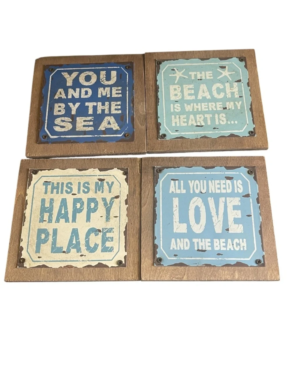 Beach Life Set of 4 Rustic Wood and Tin Coasters Sand Salt Sun Summer